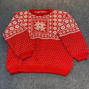 Vintage Handmade Womens Large Red White Snowflake Nordic Christmas Sweater Knit